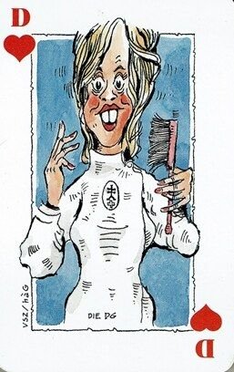 Karikatur auf der Herz-Dame: Frau in weissem Kittel mit Zahnbürste