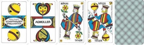 Offizielle Müller-Karten mit Aufdruck Schaffhauser Spielkarten und AGMüller, Rosen-König, Schellen-König und Kartenrücken